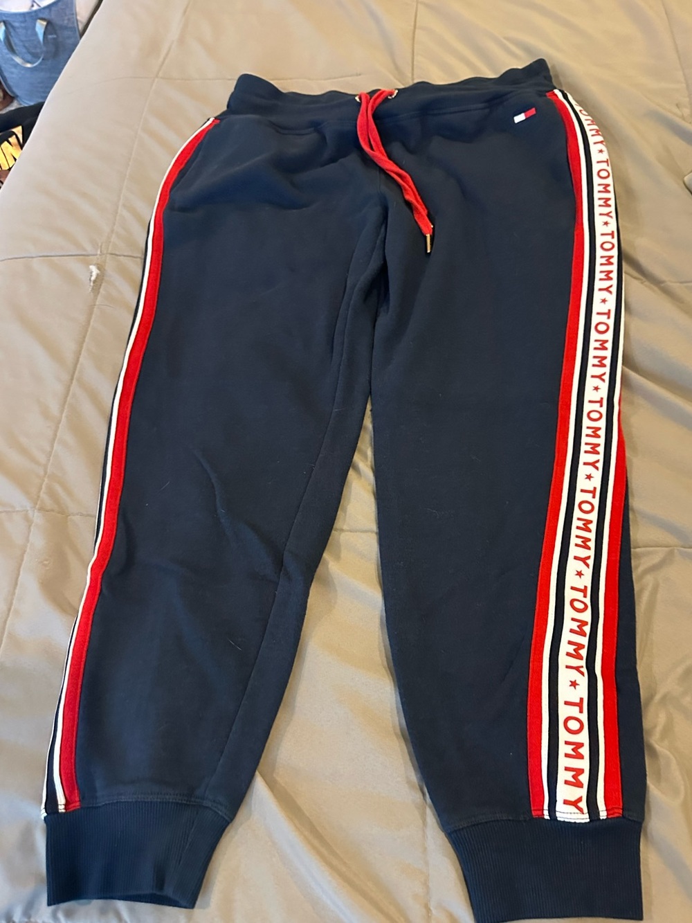 Tommy Hilfiger Navy Joggers with Red & White Side Stripes - Womens medium - GUC